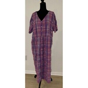 Only Necessities Style 2X Plaid Dress Muumuu Purple Button Front Lounger